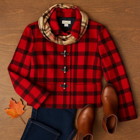 Talbots Wool Blend Red & Black Buffalo Plaid Blazer Silver Toggle Buttons 2P - Picture 1 of 16